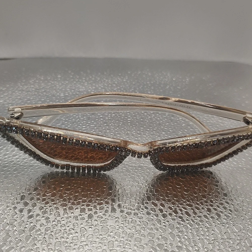 Rhinestone Cat Eye‎ Sunglasses Clear Frame Amber Lens Glam Bling 54-18-141